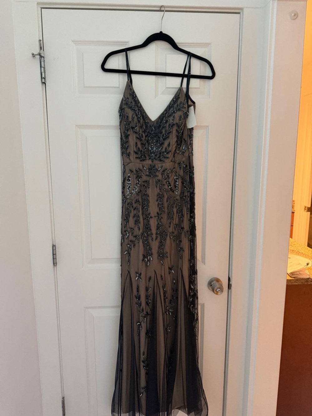 MARINA Black Beaded Maxi Dress with Nude Lining